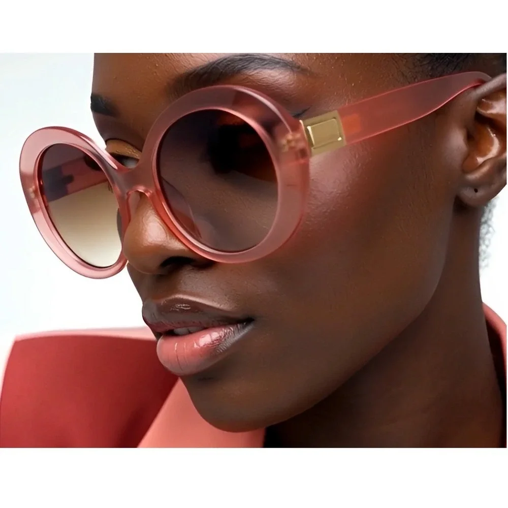 Chic Oversized Round Sunglasses Pink Translucent Gradient Lenses Gold Accent New